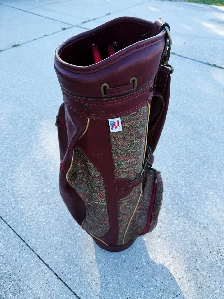 Vintage Hot-Z Leather/canvas Golf Bag Burgundy and Paisley USA Made 6-way  - Image 1 of 4