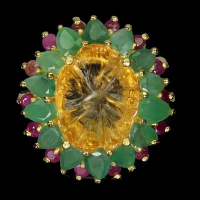 925 Anello Argento Sterling Fiore Citrino 14x10mm Smeraldo Ruby Gemma Gioielli 9 - Immagine 1 di 4