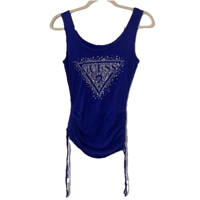 Guess Tank Top Womens Purple Stretch Rhinestones Bling Ruched Logo Y2K - Image 1 of 4