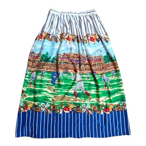 Vintage 80s Sharon Young Baseball Sports Novelty Print Rayon Skirt 30" - Picture 1 of 4