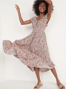 Old Navy Waist Defined Smocked Floral Maxi Dress Size XL Pink Ditsy Floral Boho - Picture 1 of 8