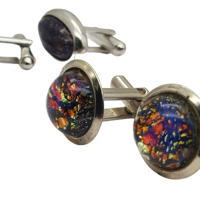 Retro Blue Goldstone & Confetti Foil Cufflinks Silver Tone Art Glass Shields Vtg - Image 1 of 4
