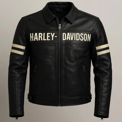 Harley Davidson Men's Black Motorcycle Jacket Real Cowhide Leather Biker Jacket - Image 1 of 3