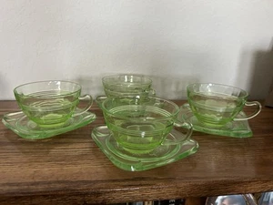 Vintage Uranium Glass Cups And Square Shaped Saucers Set Of Four (4)-Read - Picture 1 of 20