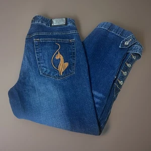 Vtg Y2K Baby Phat Capri Jeans Dark Wash Embroider Cat Button Mid Rise Women’s 9 - Picture 1 of 13
