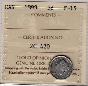 1899 Canada 5 Cents Silver Coin - ICCS Graded F-15 - Picture 1 of 2