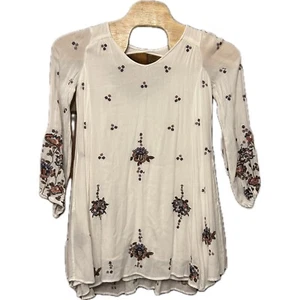 Free People Floral Embroidered Mini Dress ivory Long Sleeve Boho Gauze - Picture 1 of 7