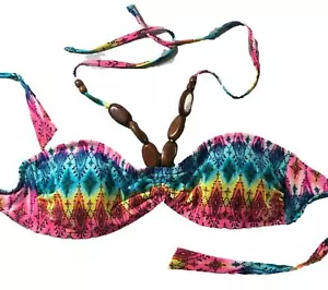 OP Womens Bikini Top Junior Size Large 11-13 Aztec Print Wood Beads Halter Style - Picture 1 of 7