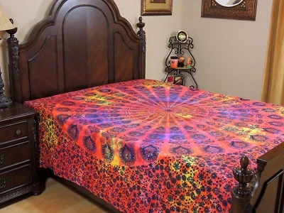 Red Yellow Peacock Tail Fan Cotton Bedding Indian Wall Tapestry Bed Sheet ~ Full - Image 1 of 3