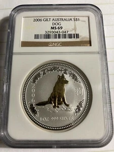 2006 $1 LUNAR YEAR OF THE DOG 🐕 1Oz. GILT SILVER AUSTRALIA NGC MS69 SUPER-RARE! - Picture 1 of 2