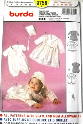 Burda 9635 Christening Gown Romper Bonnet Size 3-18 mo Sewing Pattern - Image 1 of 2