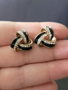 Black Gold Crystals Celtic Knot Vintage Costume Jewelry Earrings - Picture 1 of 3