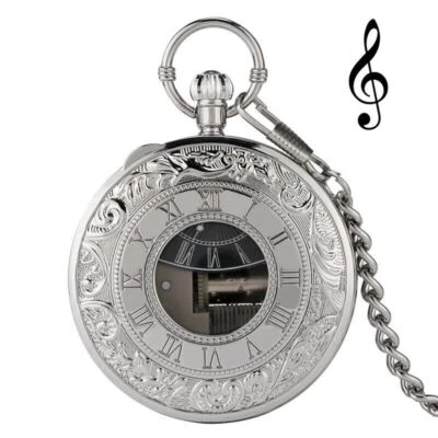 Steampunk Playing Music Quartz Pocket Watch for Men Women Pendant Chain Xmas - Image 1 of 4