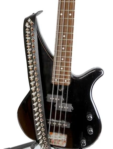 Black Leather Spikes & Diamond Studs Guitar Strap Bass Punk Rock Goth Metal Emo - Picture 1 of 3