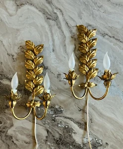 COPPIA! Applique vintage italiano ottone metallo foglia tole MCM Hollywood Regency - Foto 1 di 12