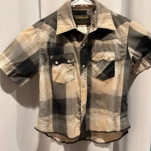 Vintage Rustler Kids Plaid Shirt - Black and Tan With Pearl Snaps. - Picture 1 of 6