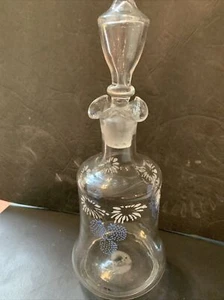 Vintage Wine Decanter w/Stopper Etched With Blue Berries & White Flowers Pontil - Picture 1 of 5