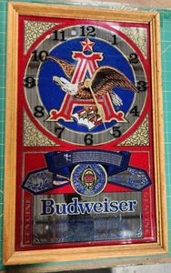 VTG BUDWEISER KING OF BEERS MIRROR CLOCK SIGN WITH WORKING CLOCK MOVEMENT HANDS - Picture 1 of 5