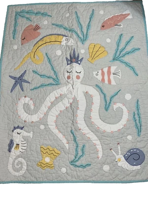 Land of Nod Baby Crib Quilt Blanket Ocean Sea Octopus 36x44 - Image 1 of 4