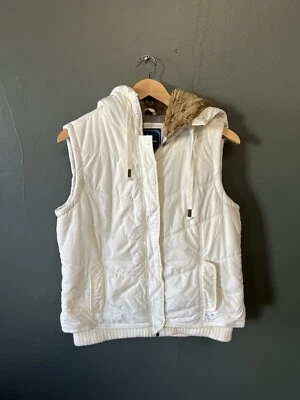 Y2K American Eagle Womens White Full Zip Puffer Vest Size Small Fur Lined Hood - Изображение 1 из 3