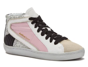 Justice young, Big Girl, Women Size 5 White Tan Pink Mid Court Sneaker NWT - Picture 1 of 9