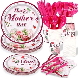 200 Pcs Mother's Day Party Supplies Tableware, 25 Floral Flowers Pink - Picture 1 of 7