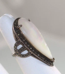 Vintage Huge Marcasite Mother of Pearl Shield Ring Teardrop  size 6.75 - Picture 1 of 13