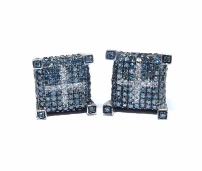 Серьги-гвоздики из белого золота 10 карат с синим и белым бриллиантом крестом 1,00 карата - Изображение 1 из 4