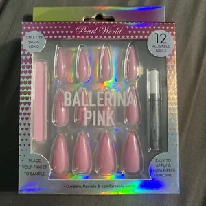 STILETTO Ballerina Pink Full Cover Pink Gloss 12 Nails Tips Press On Glue Set - Picture 1 of 2