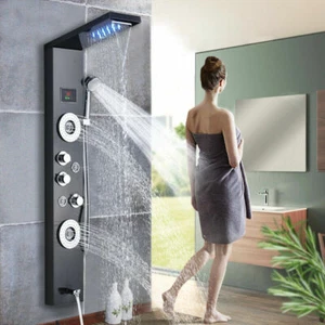 Matte Black LED Rain&Waterfall Shower Panel Massage JeSystem W/Hand Sprayer - Picture 1 of 11