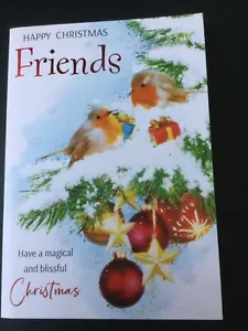 CHRISTMAS CARD TO FRIENDS - ROBINS, BAUBLES, STARS, PRESENTS, SNOWY BRANCHES - Picture 1 of 4
