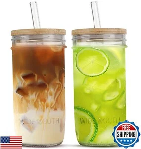 24 oz Glass Cups Set - 2 Pack Glasses Drinking Set with Leakproof Bamboo Lids - Picture 1 of 5