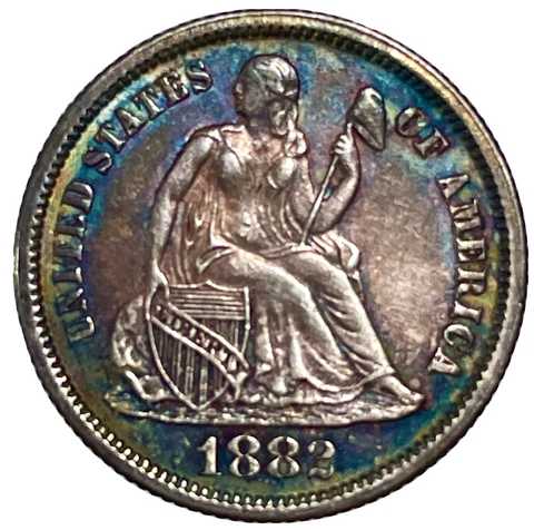 1882 Seated Liberty Dime, Pretty Toning, Good Original Luster, Unc Cover