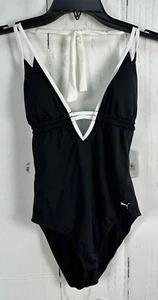 NWT PUMA S Black White Trim Tie back Plunge V neck 1 pc Bathing Suit Swimsuit - Picture 1 of 6