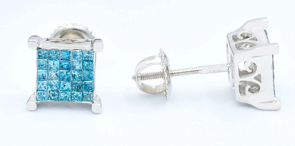PENDIENTES DE DIAMANTES AZULES GENUINOS DE 1 QUILATE ORO BLANCO DE 14K - Nuevos con etiqueta Foto 1 de 3