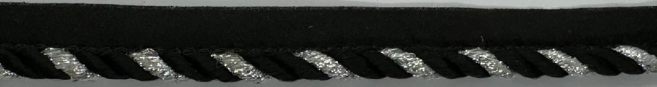 1/4" Black Metallic Silver Twisted Lip Cord Edge Fabric Trim 18 Yards - Image 1 of 1