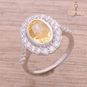 Yellow Oval Cut Bezel Set Halo Engagement Ring Simulated Silver 925 Ring - Picture 1 of 6