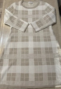 Calvin Klein NWOT 3/4 Sleeve Plaid A-Line Sweater Dress Women’s Large MSRP $134 - Picture 1 of 8