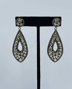 Vintage Plata de Ley Inusual Corte Diamante Natural Grande Colgante Pendientes - Imagen 1 de 9