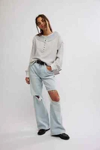 Free People We The Free Holly Henley Top Heather Grey Button Oversized Blouse XL - Picture 1 of 6