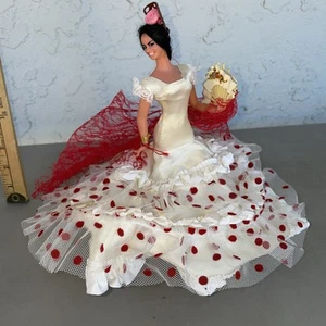 Vintage Lucina Tena Marin polli ballerina bambola made in Spain vestito bianco rosso pois - Foto 1 di 10