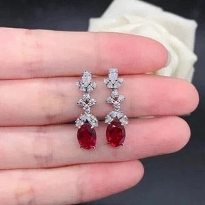 3Ct Oval Cut Simulated Red Ruby/CZ Women's Drop Earrings 14k White Gold Plated - Picture 1 of 8