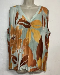 New DR2 Large Sleeveless Blouse Teal Brown Floral Pleated Relaxed Fit Tank Top - Picture 1 of 5