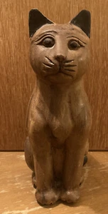 Hand Carved Wooden Cat Vintage Gray Feline Figurine 10" Figural Folk Art Statue - Picture 1 of 4
