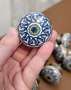 Vintage Blue and Green Abstract Flower Knobs, Silver Rim, White Lot of 14 - Picture 1 of 4