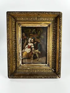 Dipinto olio su latta XVIII e XIX secolo uomo e bambino seduto tipo rinascimentale usura - Foto 1 di 15