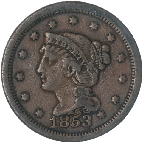 1853 (P) Braided Hair Large Cent Very Fine VF See Pics T108 Cover
