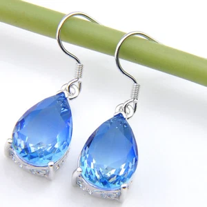 Neueste himmelblaue Wassertropfen zweifarbig Turmalin Edelstein Silber Ohrhänger Haken Ohrringe - Bild 1 von 6