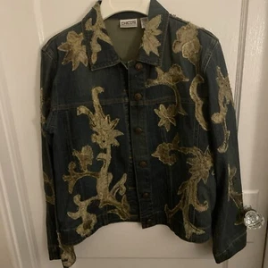 Chicos size 0 embroidered Gold Lace Jean jacket woman’s - Picture 1 of 9