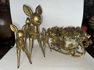 Vintage 1950s Chunky Gold Glitter Hard Plastic Reindeer SET of 3 with Sleigh - Picture 1 of 24
